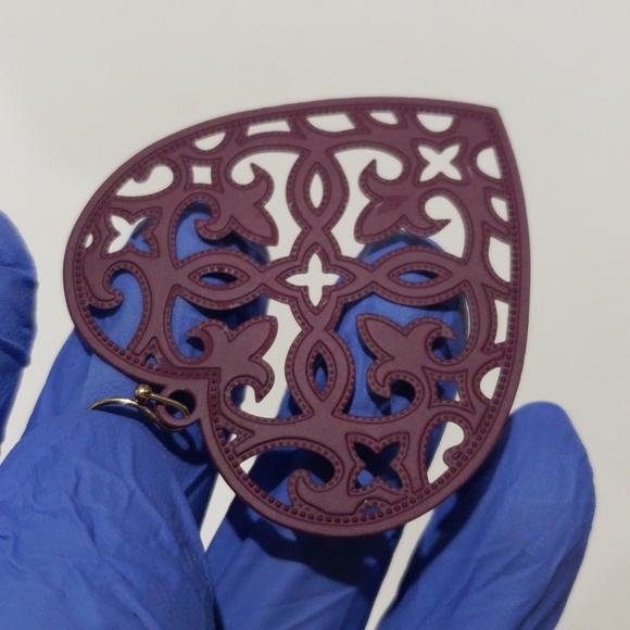 Maroon Filigree Heart Earrings with Gold Hooks – Elegant Women's Fashion Jewelry - Picture 8 of 9